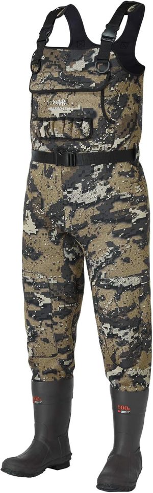 BASSDASH Bare Camo Neoprene Chest Fishing Hunting Waders for Men with 600 Grams Insulated Rubber Bootfoot