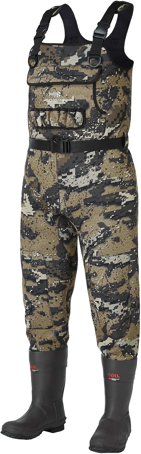 BASSDASH Bare Camo Neoprene Chest Fishing Hunting Waders for Men with 600 Grams Insulated Rubber Bootfoot