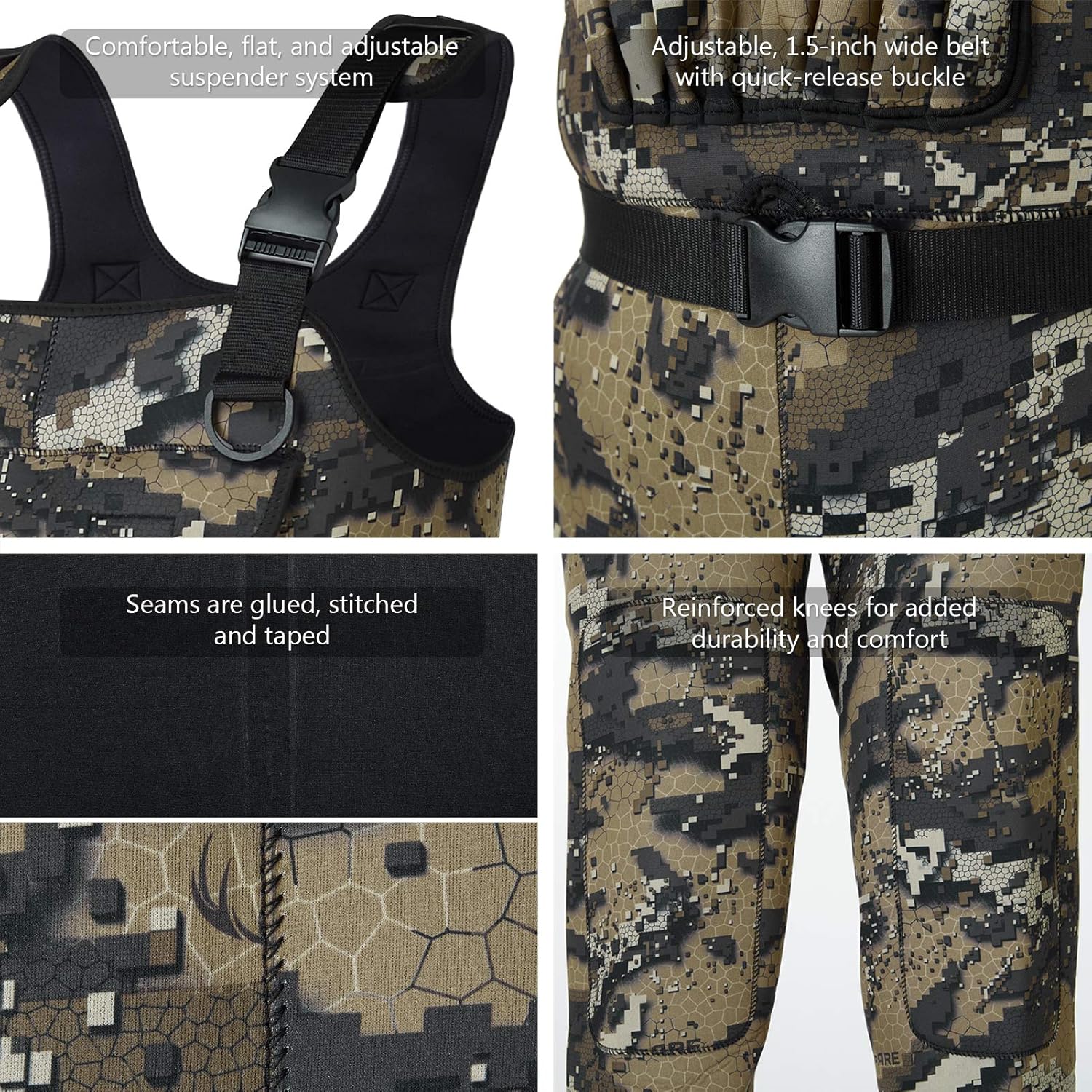 BASSDASH Bare Camo Neoprene Chest Fishing Hunting Waders for Men with 600 Grams Insulated Rubber Bootfoot - Image 6
