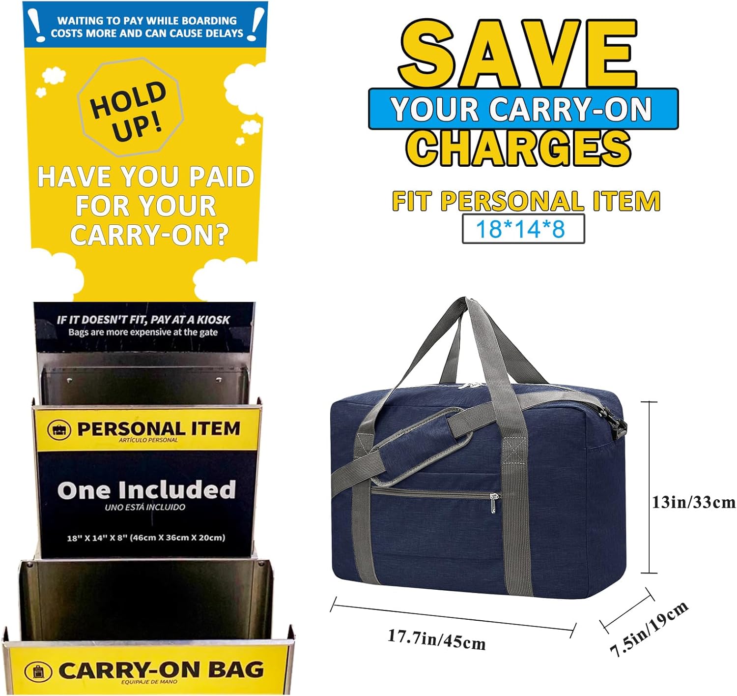 For Spirit Airlines Personal Item Bag 18x14x8 Foldable Carry on Bags for Airplanes Travel Duffel Bags for Women and Men - Image 2