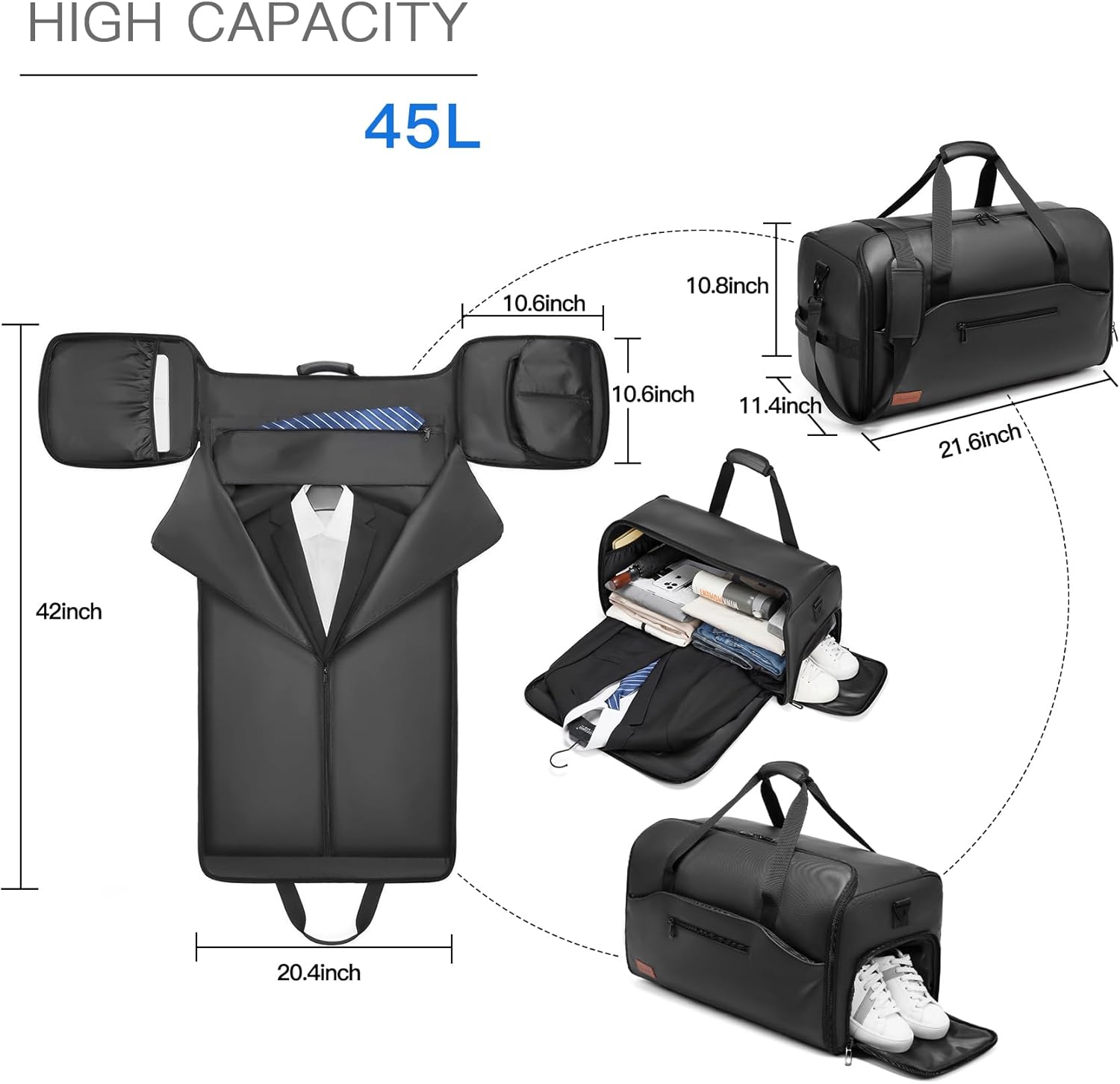 Garment Duffle Bags for Travel,Moulyan Convertible Garment Bag with Shoe Compartment,3 in 1 Waterproof Travel Suit Bag with Shoulder Strap for Men Women - Image 2