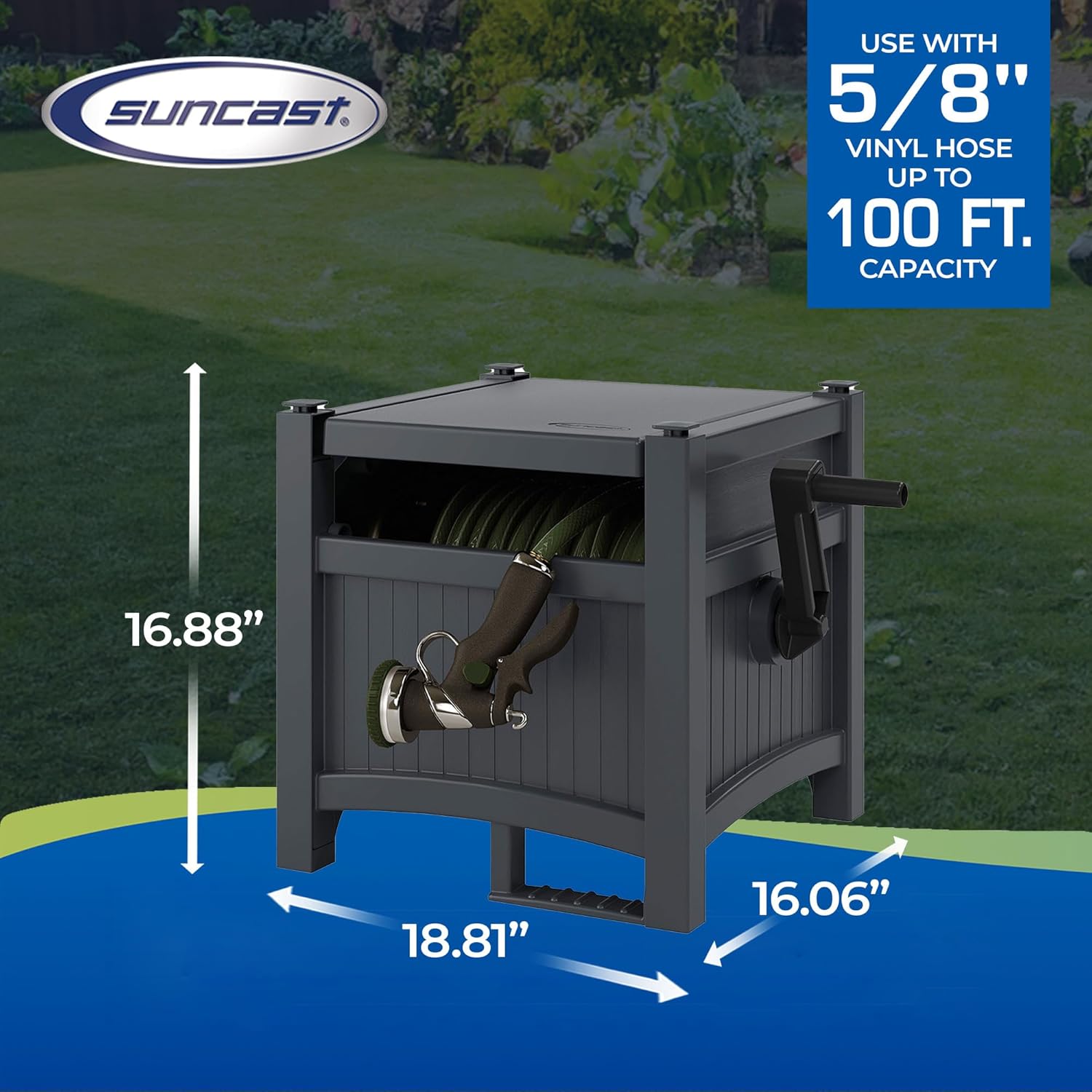 Suncast Hideaway Garden Hose Reel, Holds 100' of 5/8" Standard Vinyl Hose, Cyberspace Grey - Image 2