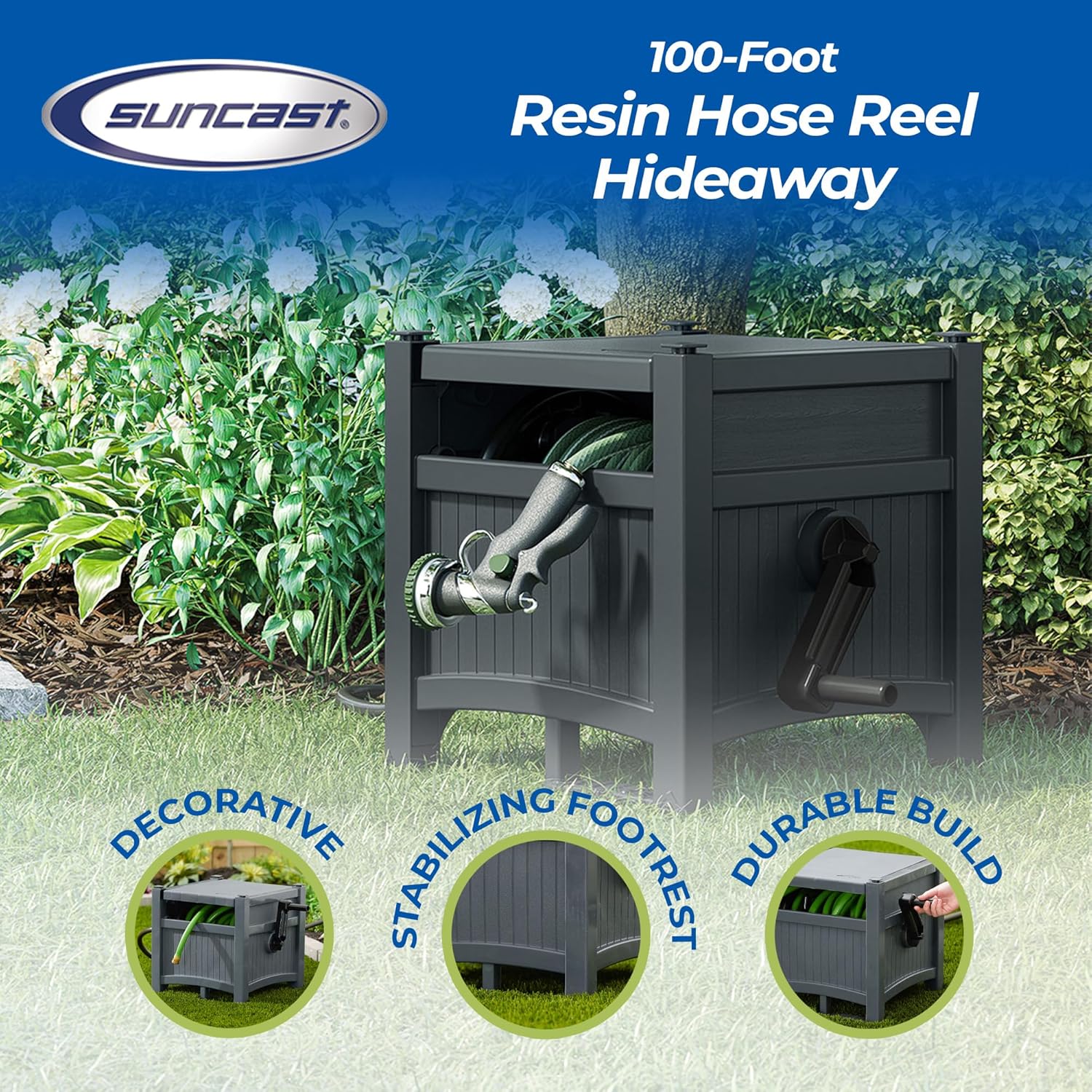 Suncast Hideaway Garden Hose Reel, Holds 100' of 5/8" Standard Vinyl Hose, Cyberspace Grey - Image 3